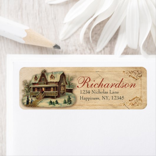 Antiek Victoriaans kerstscène in het winterhuis Etiket (Insitu)