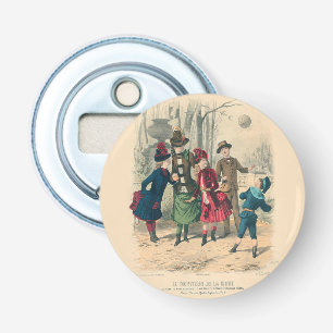 Antiek Victoriaans Kinderen Spelen Bal 1880 Winter Button Flesopener