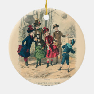Antiek Victoriaans Kinderen Spelen Bal 1880 Winter Keramisch Ornament