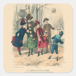 Antiek Victoriaans Kinderen Spelen Bal 1880 Winter Vierkante Sticker
