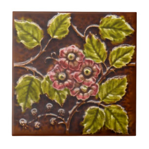 Antiek Victoriaans Majolica Floral Tile Repro Tegeltje
