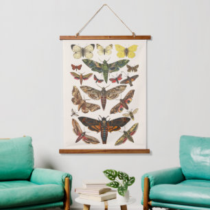 Antiek Victoriaans mottenillustratie 1889 Hangend Wandkleed