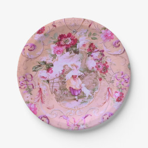 Antiek Victoriaans Toile Rococo Style Bloemen Roze Papieren Bordje
