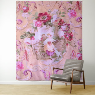 Antiek Victoriaans Toile Rococo Style Bloemen Roze Wandkleed