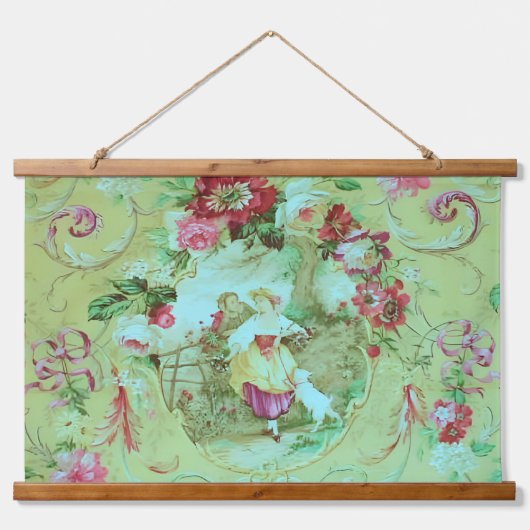 Antiek Victoriaans Toile Rococo Style Sage Green Hangend Wandkleed (Voorkant)