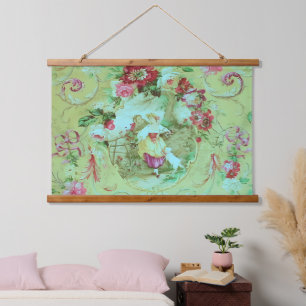 Antiek Victoriaans Toile Rococo Style Sage Green Hangend Wandkleed
