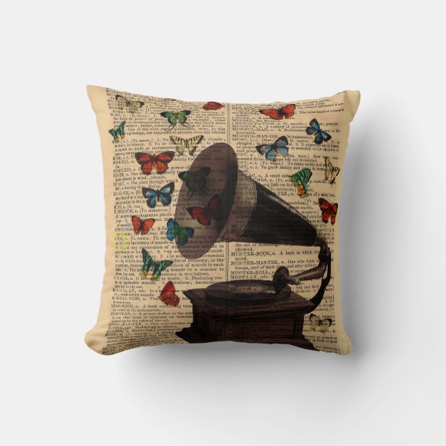 Antiek Victrola Butterflies Dictionary Pillow Kussen (Voorkant)