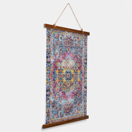 Antiek Vies Blauw Fuchsia Noodlijdend Perzisch Hangend Wandkleed (Gebogen)