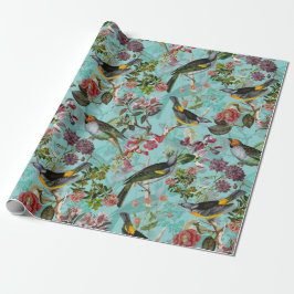 Antiek vogels en bloemen op blauwgroen cadeaupapier