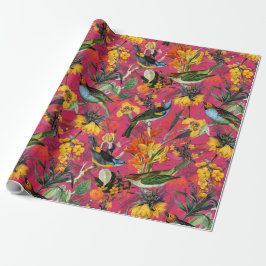 Antiek vogels en bloemen patroon op roze cadeaupapier