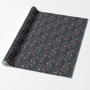 Antiek Waterverf Print Bloemen op Navy Cadeaupapier