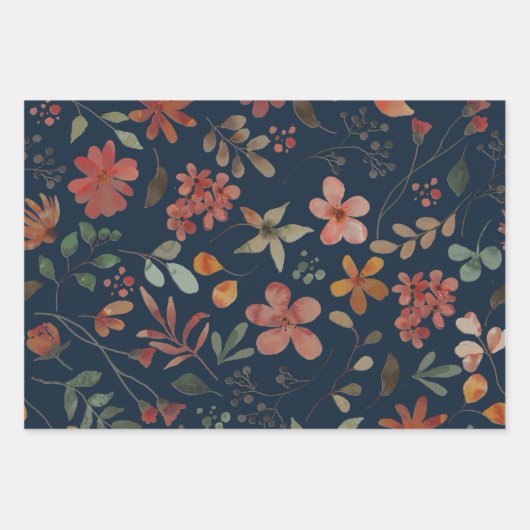 Antiek Waterverf Print Bloemen op Navy Inpakpapier Vel (Voorkant 2)