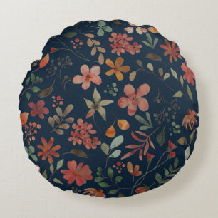 Antiek Waterverf Print Bloemen op Navy Rond Kussen