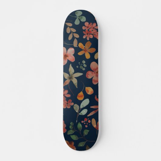 Antiek Waterverf Print Bloemen op Navy Skateboard (Voorkant)