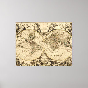 Antiek Wereldkaart, 1694, door Alexis Hubert Jaill Canvas Afdruk