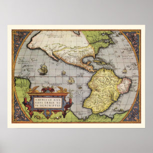 Antiek Wereldkaart Amerika, 1570 Poster