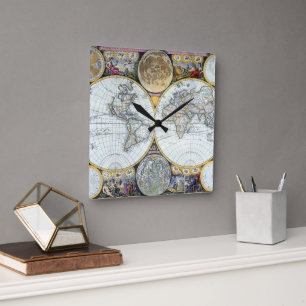 Antiek Wereldkaart, Atlas Maritimus van John Selle Vierkante Klok