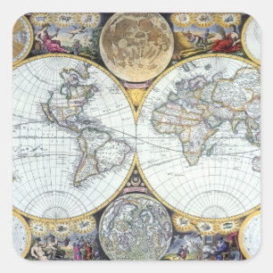 Antiek Wereldkaart, Atlas Maritimus van John Selle Vierkante Sticker