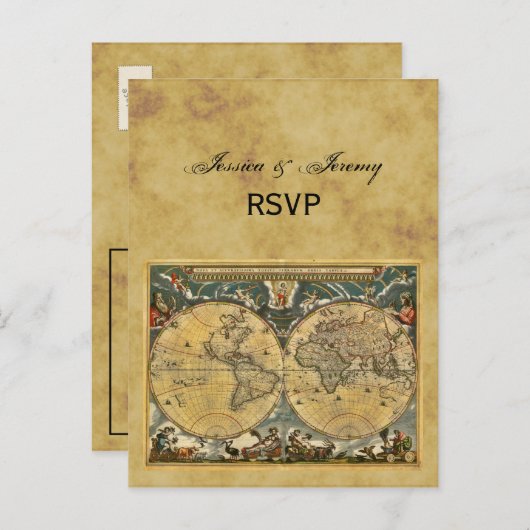 Antiek Wereldkaart, BG RSVP met onderdruk Uitnodiging Briefkaart (Voorkant / Achterkant)