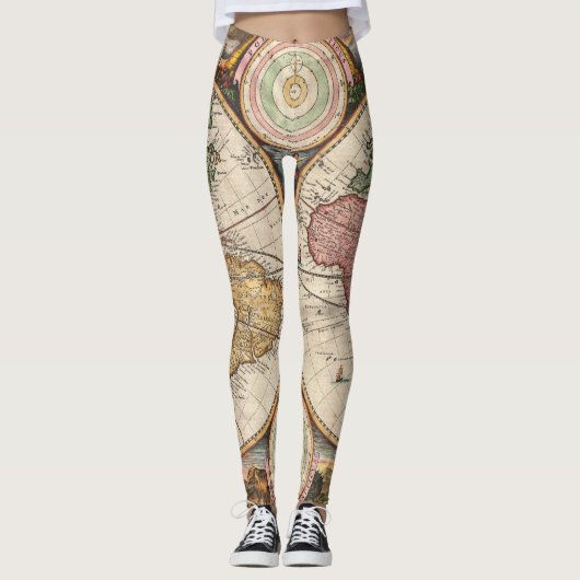 Antiek Wereldkaart in twee halfronden Leggings (Voorkant)