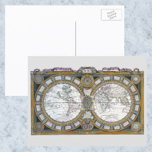 Antiek Wereldkaart van Claude Auguste Berey, 1688 Briefkaart