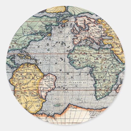 Antiek Wereldkaart van de 16e eeuw Ronde Sticker (Voorkant)