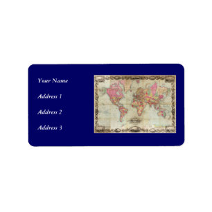 Antiek Wereldkaart van John Colton, circa 1854 Etiket