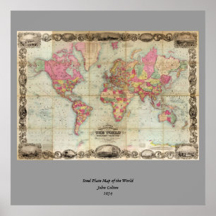 Antiek Wereldkaart van John Colton, circa 1854 Poster