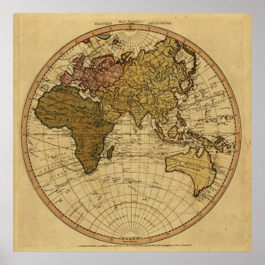 Antiek William Faden 1786 Eastern Hemisphere Map Poster (Voorkant)