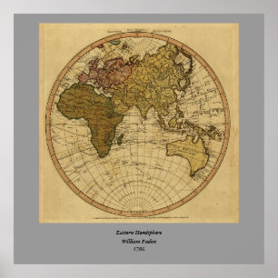 Antiek William Faden 1786 Eastern Hemisphere Map Poster