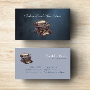 Antiek winkel, oude typemachine, donkerblauw visitekaartje