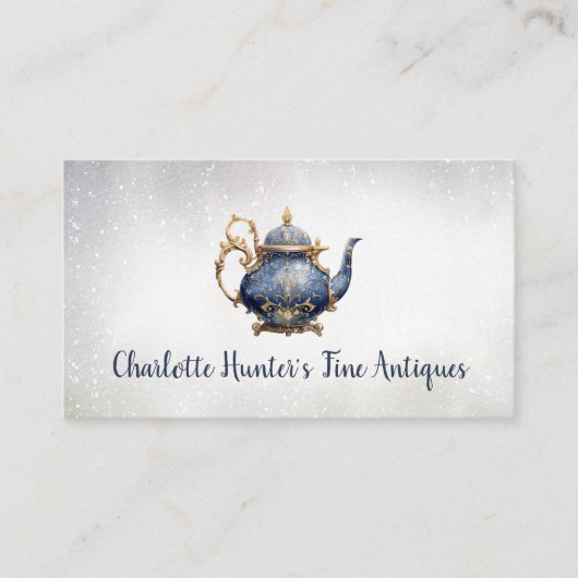 Antiek winkel, theepot, goud en blauw visitekaartje (Voorkant)