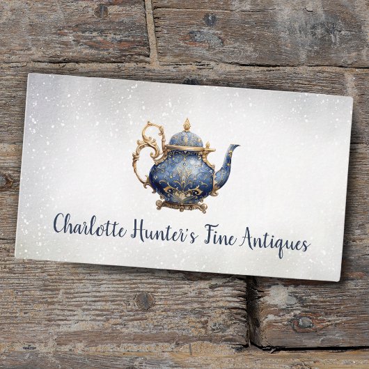 Antiek winkel, theepot, goud en blauw visitekaartje