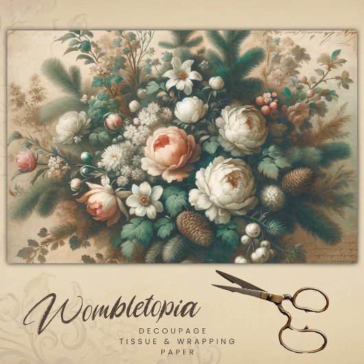 Antiek Winter Bloemen Kerstmis Script Decoupage Tissuepapier