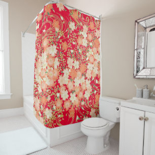 Antiek Wit Rood Japans Kimono Bloembloem Douchegordijn