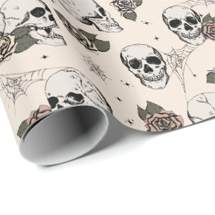 Antiek witte gotische schedels en Rozen Halloween Cadeaupapier