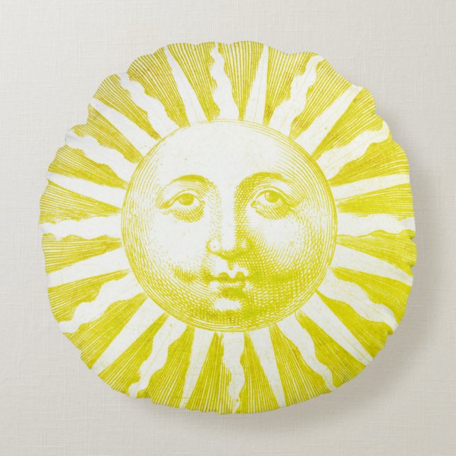 Antiek  Yellow Sun Face Rond Kussen (Voorkant)