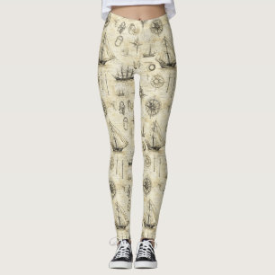 Antiek Zeekaartpatroon met Schepen & Kompas Leggings