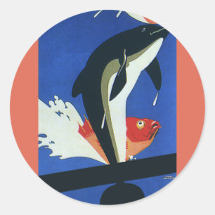 Antiek zeeleven, dolfijn en goudvis ronde sticker