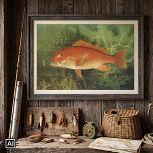 Antiek zeeleven, rode snapper vis in de oceaan poster