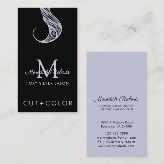 Antiek zilver zwarte monogram haarkleurstoflijst visitekaartje (Voorkant / Achterkant)