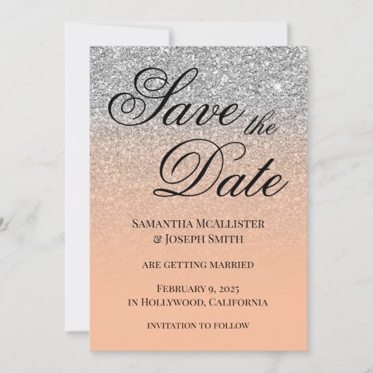 Antiek zilveren glitter perzikkleur save the date (Voorkant)
