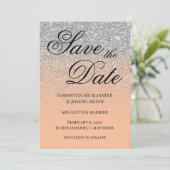Antiek zilveren glitter perzikkleur save the date (Staand voorkant)