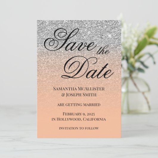 Antiek zilveren glitter perzikkleur save the date (Staand voorkant)