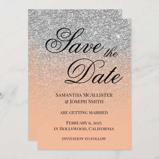 Antiek zilveren glitter perzikkleur save the date (Voorkant / Achterkant)