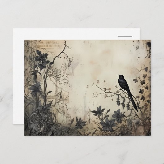 Antiek zwart bloempje griezelig zwart vogelhallowe feestdagenkaart (Voorkant / Achterkant)