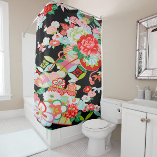 Antiek Zwart Rood Japans Kimono Bloembloem Douchegordijn