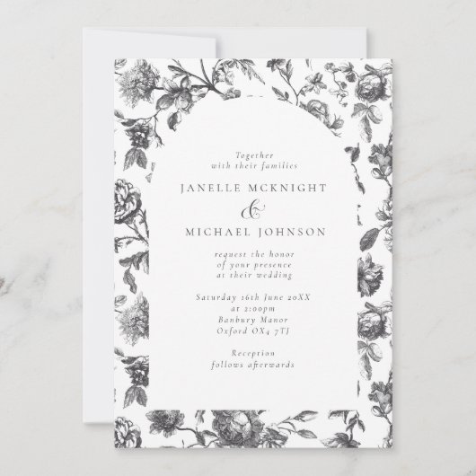 Antiek Zwart & Wit Bloemen Toile Boog Huwelijk Kaart (Voorkant)