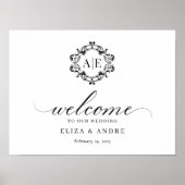 Antiek Zwart & Wit Crest Monogram Bruiloft Poster (Voorkant)