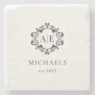 Antiek Zwart & Wit Crest Monogram Bruiloft Stenen Onderzetter